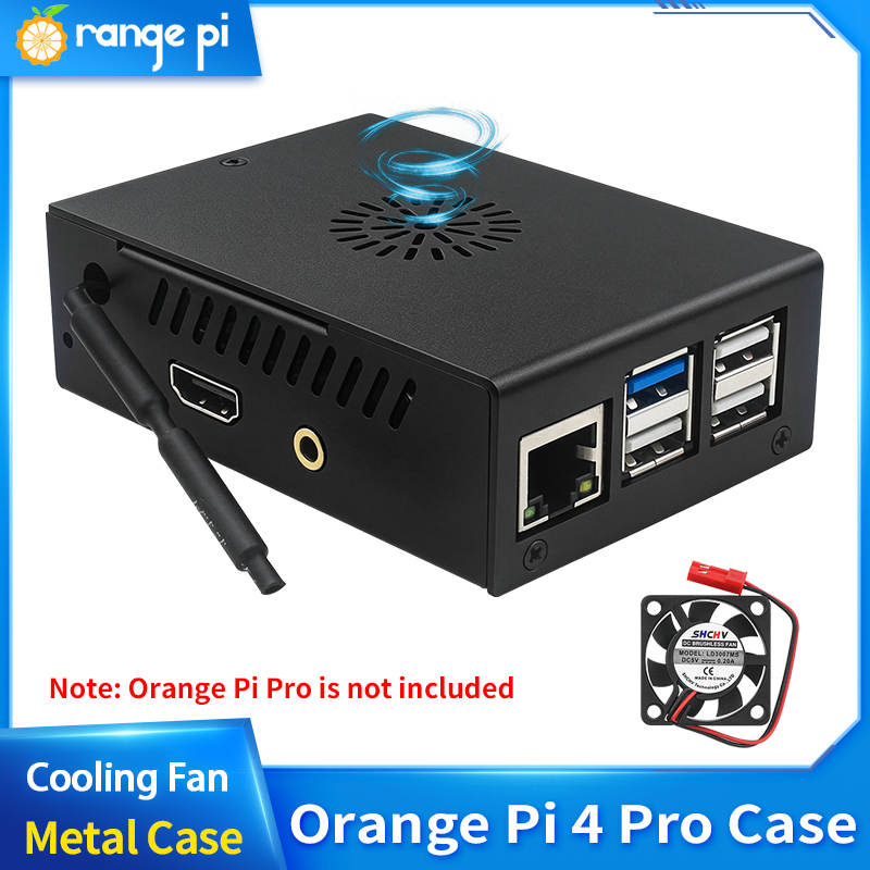 Pi 4 Case - กล่องโลหะสีดำสำหรับ Orange Pi 4 Pro พร้อมพัดลมระบายความร้อน