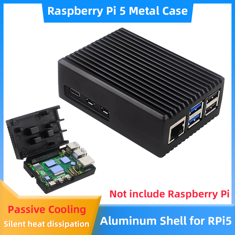 Pi 5 Case - เคสอะลูมิเนียม Raspberry Pi 5 เคสเกราะป้องกันเสียงรบกวน ระบบระบายความร้อนแบบพาสซีฟ
